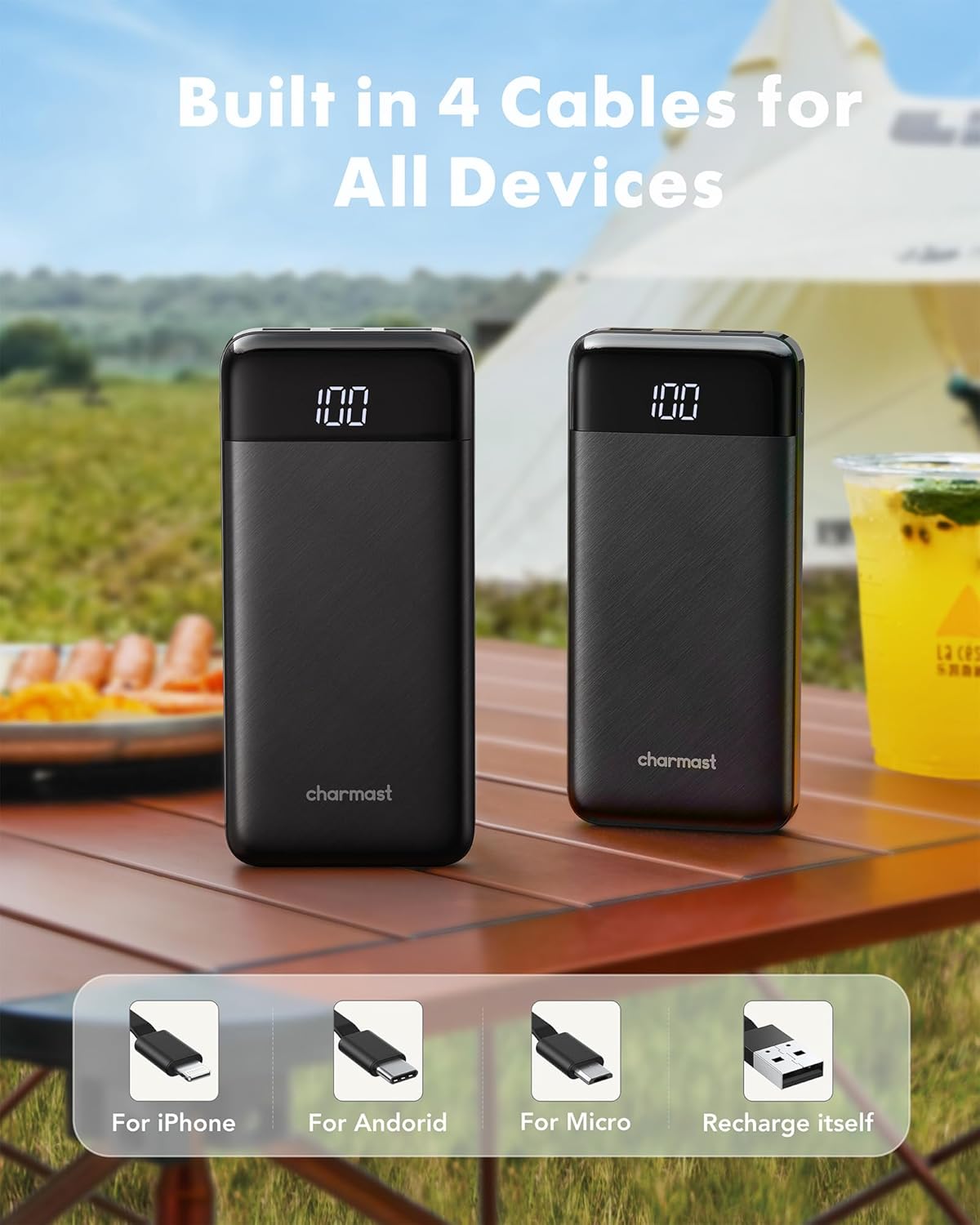 Portable Charger with Built in Cables, 10000mAh
